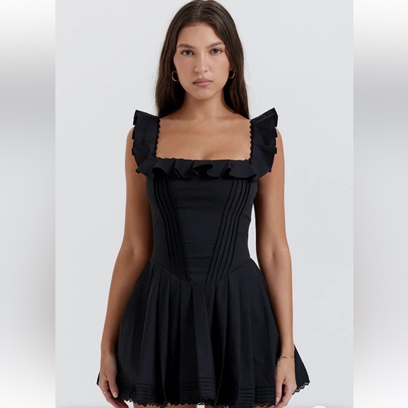 Commense Women's Square Neck Mini Corset Black Dress Short Ruffle Sleeve size S - Picture 2 of 12